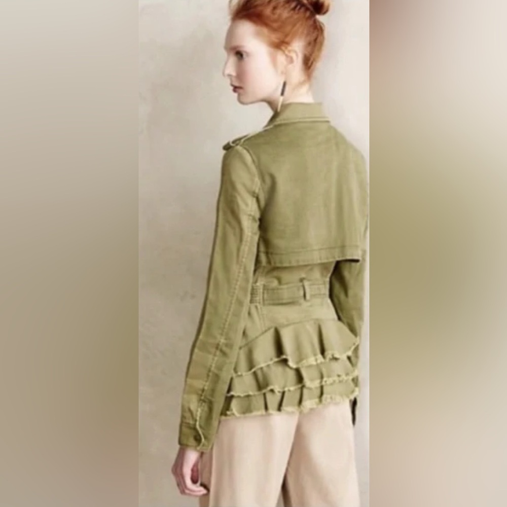 Hei Hei Anthropologie Army Green Ruffle Anorak Jacket military coat Olive Belt